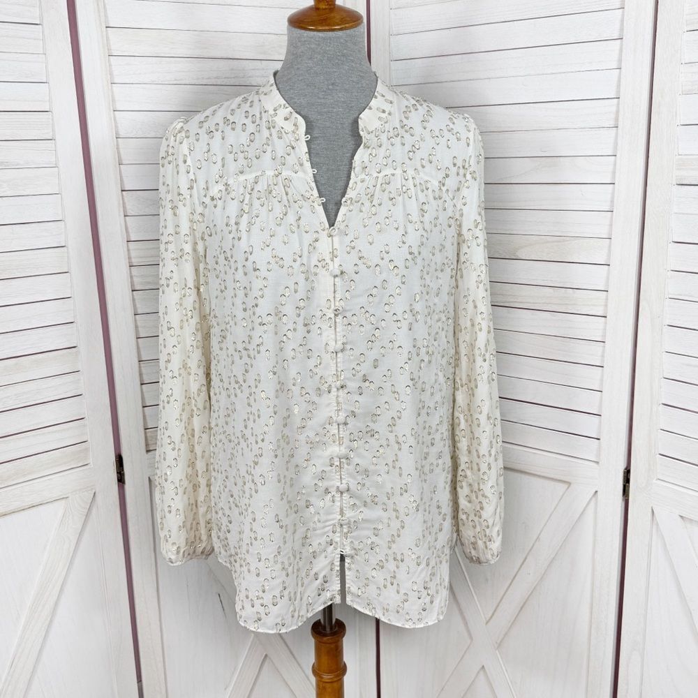 Soft Surroundings Mila Metallic Clip Dot Button Up‎ Blouse Ivory Gold Small